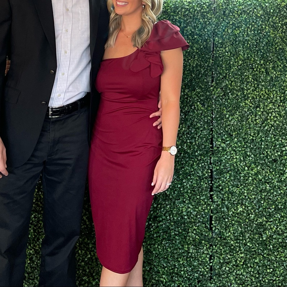 Burgundy One Shoulder Midi Dress